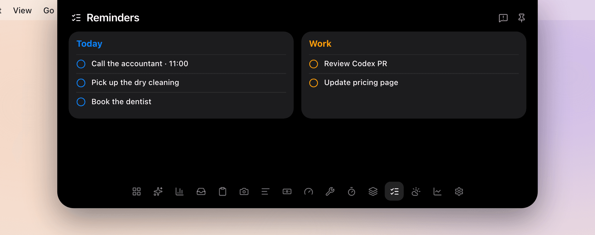 Brim Reminders panel